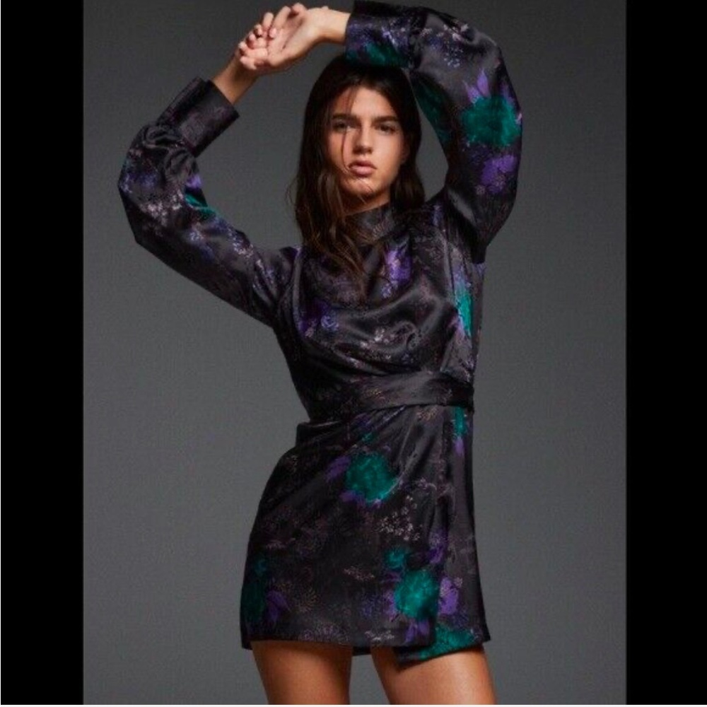 NWT Zara Jacquard Dress Floral High Collar Neck Size S